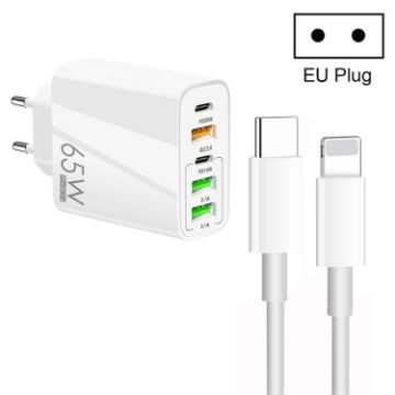 65W Dual PD Type-C + 3 x USB Multi Port Charger EU Plug White - 1