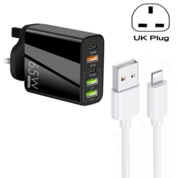 Picture of 65W Dual PD Type-C + 3 x USB Multi Port Charger with 3A USB to 8 Pin Data Cable, UK Plug (Black)