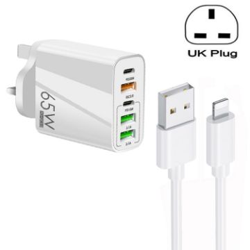Picture of 65W Dual PD Type-C + 3 x USB Multi Port Charger with 3A USB to 8 Pin Data Cable, UK Plug (White)