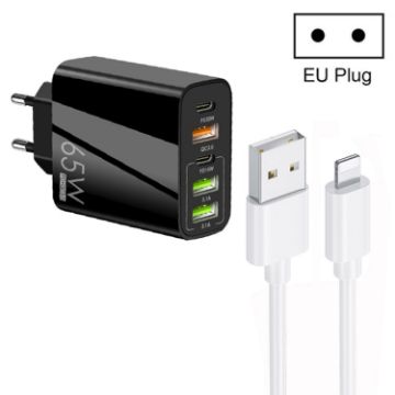 Picture of 65W Dual PD Type-C + 3 x USB Multi Port Charger with 3A USB to 8 Pin Data Cable, EU Plug (Black)