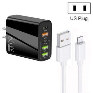 Picture of 65W Dual PD Type-C + 3 x USB Multi Port Charger with 3A USB to 8 Pin Data Cable, US Plug (Black)
