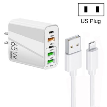 Picture of 65W Dual PD Type-C + 3 x USB Multi Port Charger with 3A USB to 8 Pin Data Cable, US Plug (White)