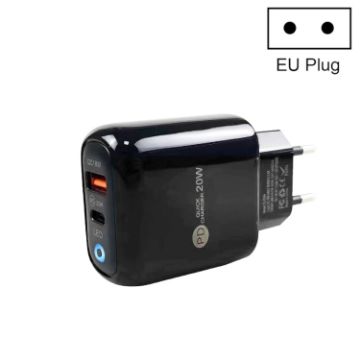 Picture of PD04 PD20W Type-C + QC18W USB Mobile Phone Charger with LED Indicator, EU Plug (Black)