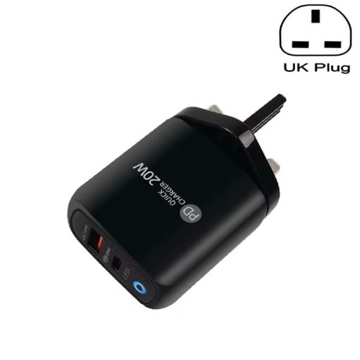 Picture of PD04 PD20W Type-C + QC18W USB Mobile Phone Charger with LED Indicator, UK Plug (Black)