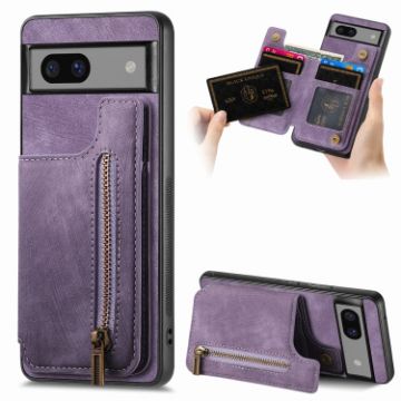 Google Pixel 7a Retro Leather Zipper Wallet Back Phone Case Purple - 1