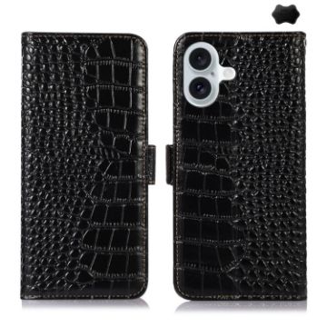 iPhone 16 Plus Crocodile Top Layer Cowhide Leather Phone Case - Black - 1