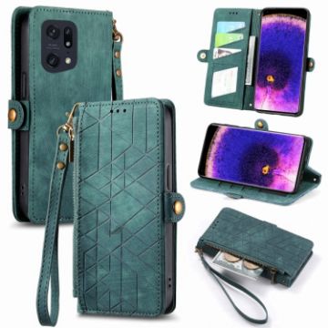 OPPO Find X5 Pro Green Leather Phone Case - Geometric Zipper Wallet - 1