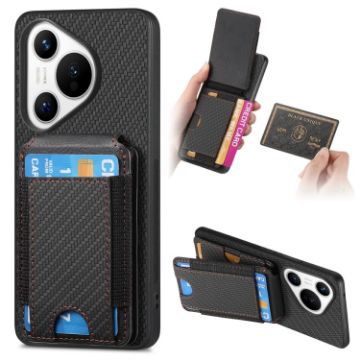 Huawei Pura 70 Carbon Fiber Vertical Flip Wallet Stand Phone Case - Black - 1