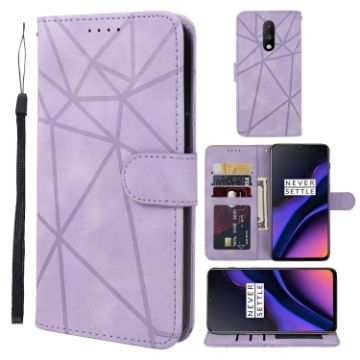OnePlus 6T Purple Leather Phone Case - Geometric Lines Skin Feel - 1
