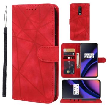 OnePlus 6T Red Leather Phone Case - Geometric Lines Skin Feel - 1