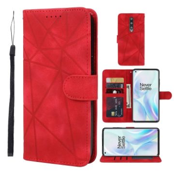 OnePlus 8 Red Leather Phone Case - Geometric Lines Skin Feel - 1