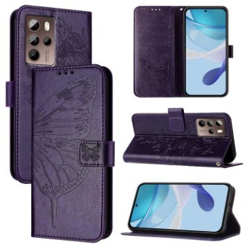 HTC U24 Pro Dark Purple Leather Phone Case - Embossed Butterfly - 1