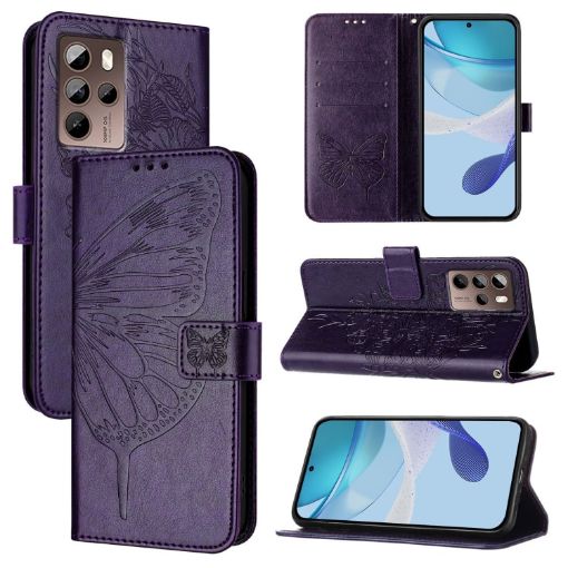 HTC U24 Pro Dark Purple Leather Phone Case - Embossed Butterfly - 1