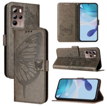 HTC U24 Pro Grey Leather Phone Case - Embossed Butterfly Design - 1