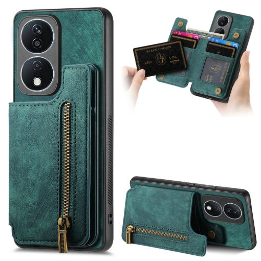 For Honor X7b Retro Leather Zipper Wallet Back Phone Case Green - 1