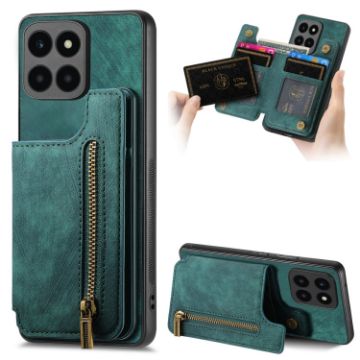 For Honor X6a Retro Leather Zipper Wallet Back Phone Case Green - 1