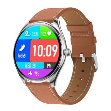 MT55 1.43" AMOLED HD Smart Health Watch, Leather Strap - Silver Brown - 1