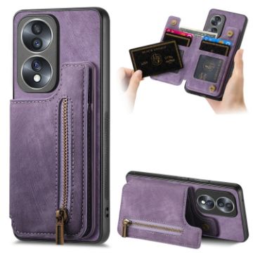 For Honor 70 Retro Leather Zipper Wallet Back Phone Case - Purple - 1