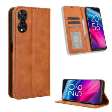 TCL 505 4G Brown Leather Phone Case - Retro Texture, Magnetic Buckle - 1