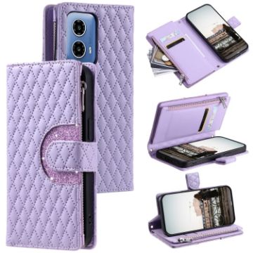 Motorola Moto G85 Glitter Lattice Zipper Wallet Leather Phone Case - Purple - 1