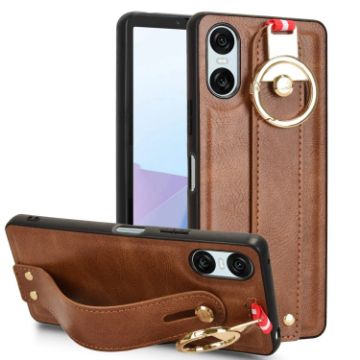 Sony Xperia 10 VI Leather Back Phone Case (Brown) Wristband - 1