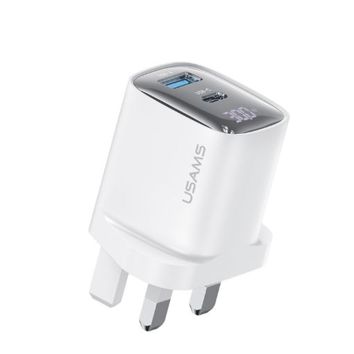 USAMS CC231 30W USB+USB-C Dual Port Charger, UK Plug (White) - 1