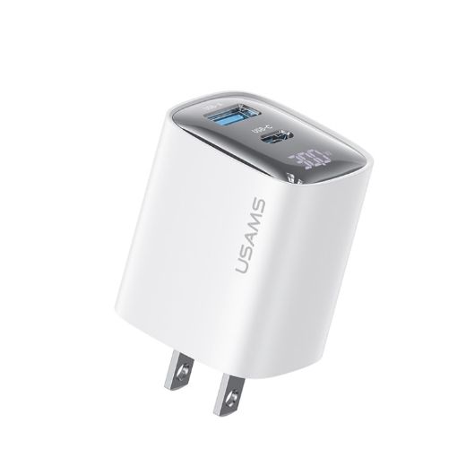 USAMS CC230 30W USB+USB-C Dual Port Charger - US Plug (White) - 1