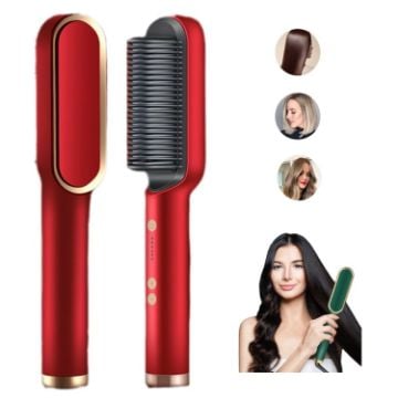 2 In 1 Hair Straightener Brush And Curler - Red - 1