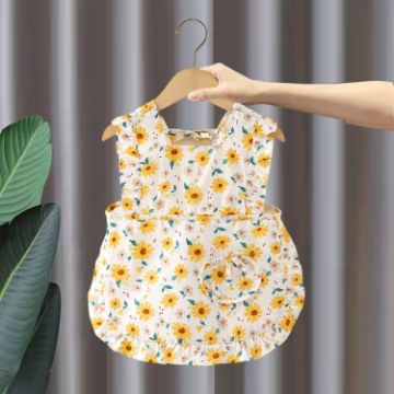 Children Summer Sleeveless Bibs Flowery Eating Reversible Clothes, Yellow Sunflower Size 110 - 1