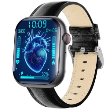 Black Leather F70 Smart Watch with Blood Sugar/Oxygen Monitoring - 1