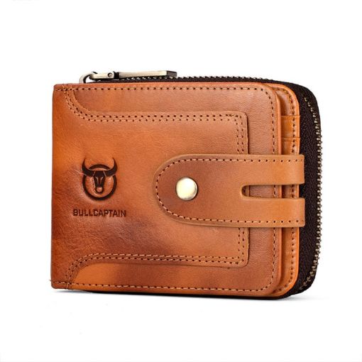 BULL CAPTAIN 232 RFID Anti-Theft Cowhide Men Zipper Wallet Yellow - 1
