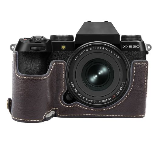 FUJIFILM X-S20 Buffalo Texture PU Leather Camera Half Case Base - Dark Coffee - 1