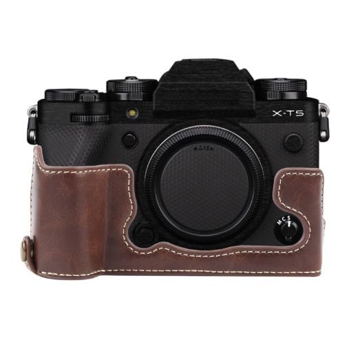 FUJIFILM X-T5 Glossy PU Leather Camera Half Case Base - Coffee - 1