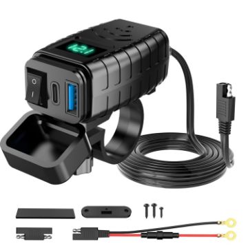 PD3.0 Motorcycle USB Charger with Voltage Meter & Switch - Green Screen - 1