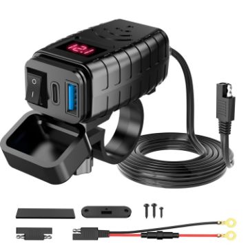 PD3.0 Motorcycle USB Charger with Voltage Meter & Switch (Red Screen) - 1