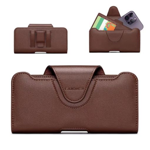 NUOKU Dual Phone Belt Clip Carrying Pouch Leather Case - Dark Brown - 1