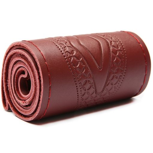 38cm Wine Red Cowhide Steering Wheel Cover - Four-Season Embossed Hand-Sewn - 1