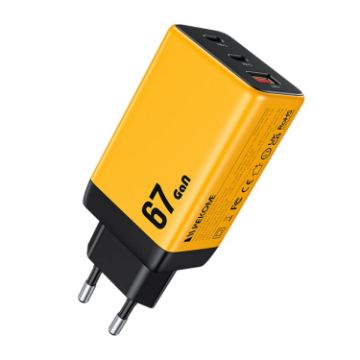 WK WP-U157 67W USB-C/Type-Cx2 Fast Charger EU Plug Yellow - 1