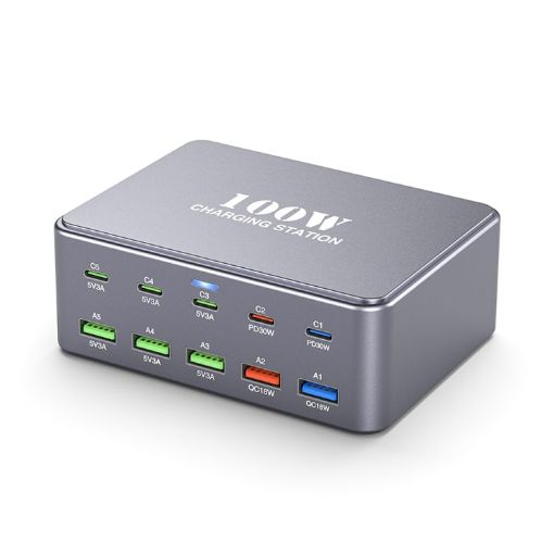 HW33 100W Type-C + USB 10-Port Desktop Fast Charger - US Plug - 1