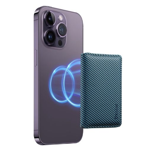 Denior V13 Magsafe Wallet Carbon Fiber Texture Leather Magnetic Card Holder Bag Blue - 1