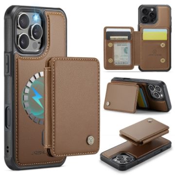 iPhone 16 Pro Max JEEHOOD J05 Business Magnetic Style RFID Leather Phone Case Brown - 1