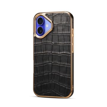 iPhone 16 Denior Crocodile Texture Genuine Leather Electroplating Phone Case - 1