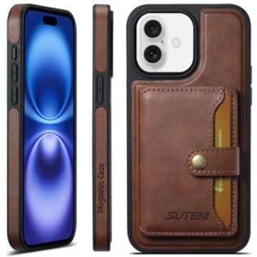 iPhone 16 Plus Suteni M1 Oil Wax MagSafe Detachable Horizontal Card Bag Phone Case - 1