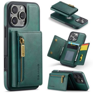 iPhone 16 Pro DG.MING M5 Series Zip RFID Multi Card Detachable Leather Phone Case Green - 1
