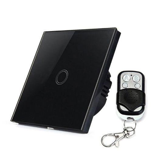 86mm 1 Gang Black Glass Smart Light Switch with RF433 Remote, 110-240V - 1