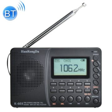 K-603 Black Portable FM/AM/SW Radio, BT & TF Card Support - 1