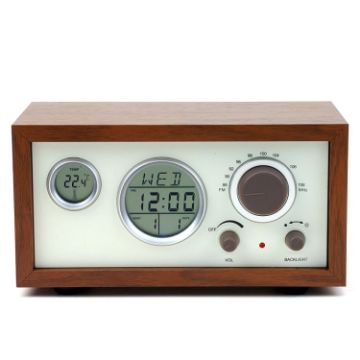 Retro Wooden Radio & Thermometer Alarm Clock (Random Color) - 1