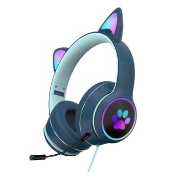 AKZ-022 Cat Ear LED Headset USB + 3.5mm with Mic (Dark Blue) - 1
