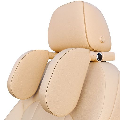Adjustable Beige Car Neck Rest Pillow with Phone Holder & Hook - 1