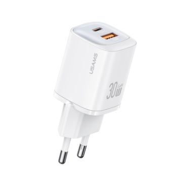 USAMS CC254 30W Dual Port GaN Fast Charger, EU Plug (White) - 1